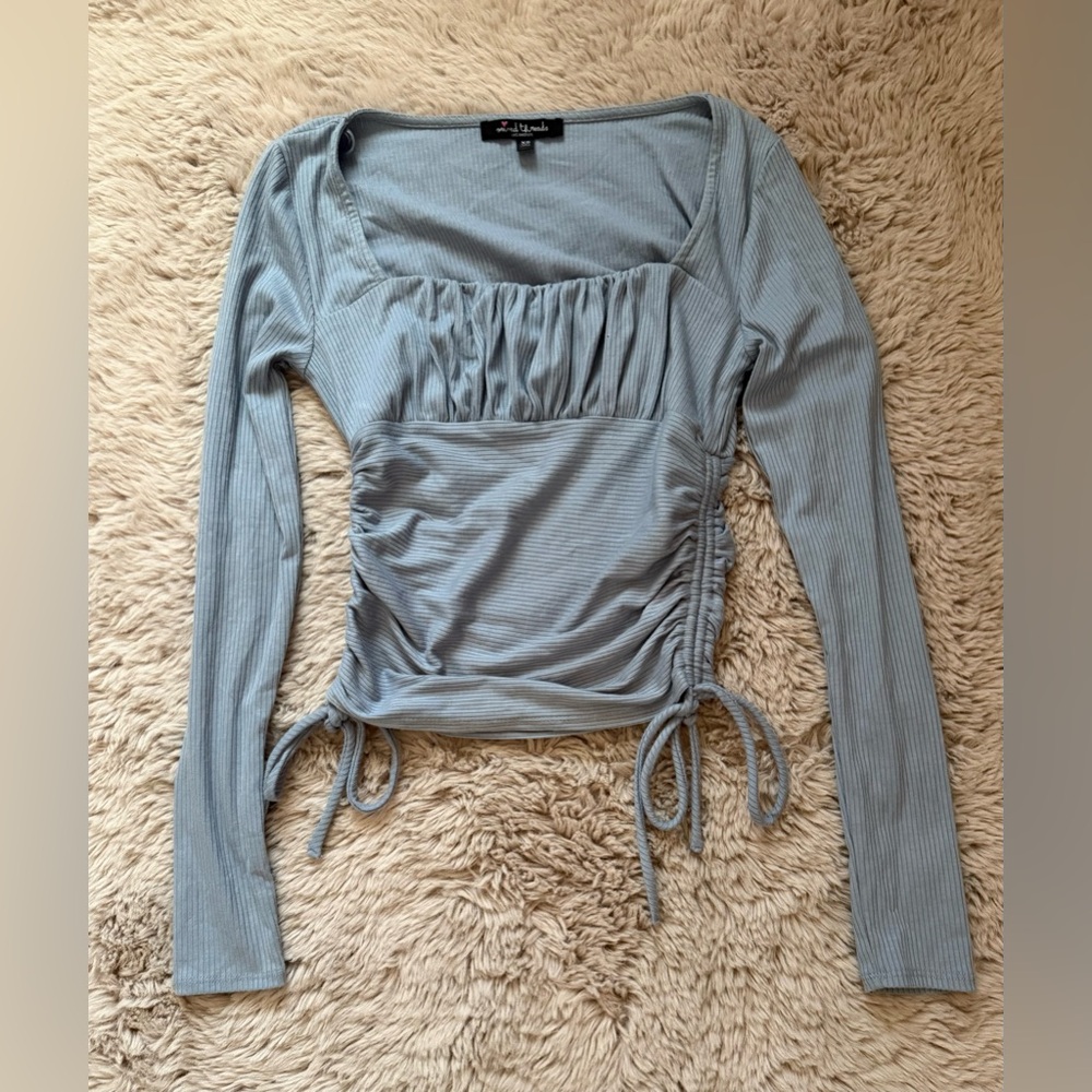 Blue Ruched Tie Front Blouse